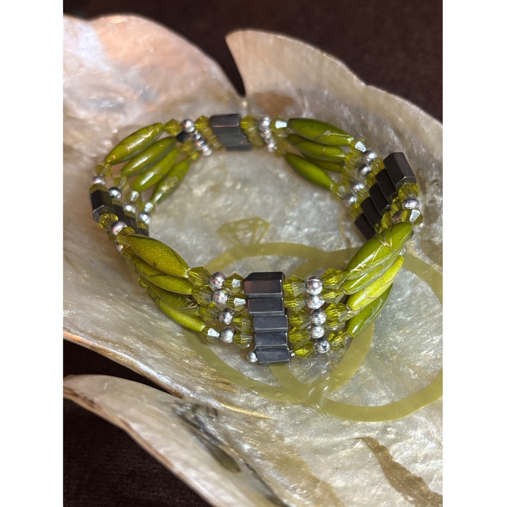 Green Beaded Wrap Bracelet Long Strand Necklace Hematite Style Accents Boho